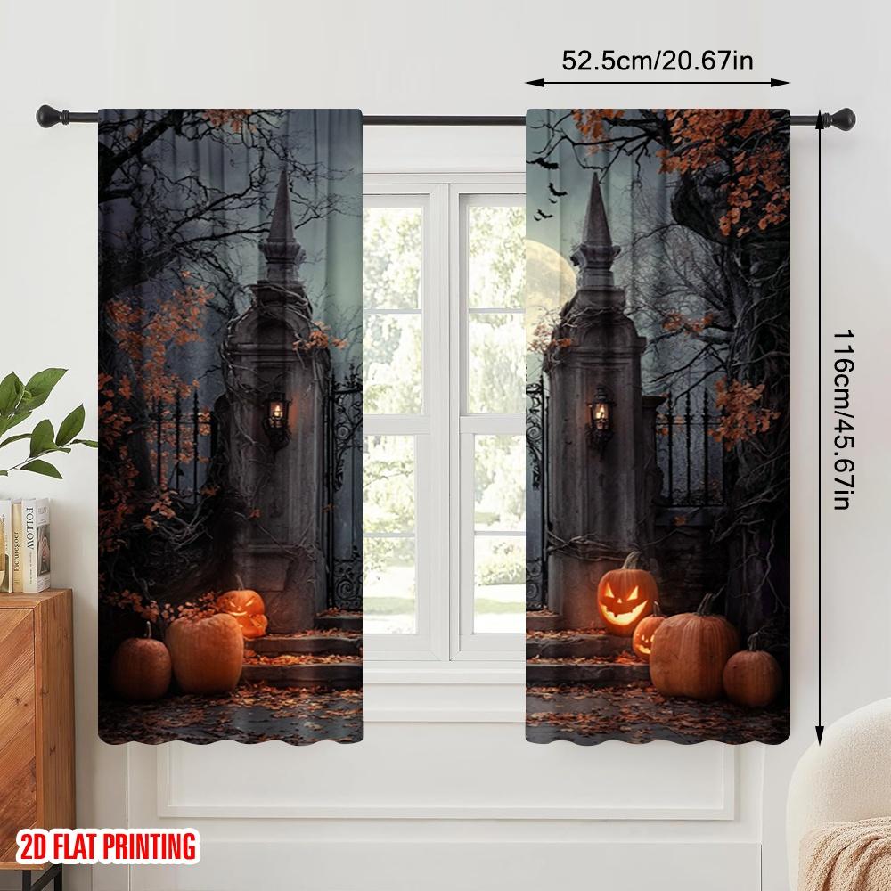 2pcs,2D Plane Printing Pattern Curtains Full Moon_ Gloomy Woods_ and Graveyard Versatile Fabric (without Rod) Outdoor