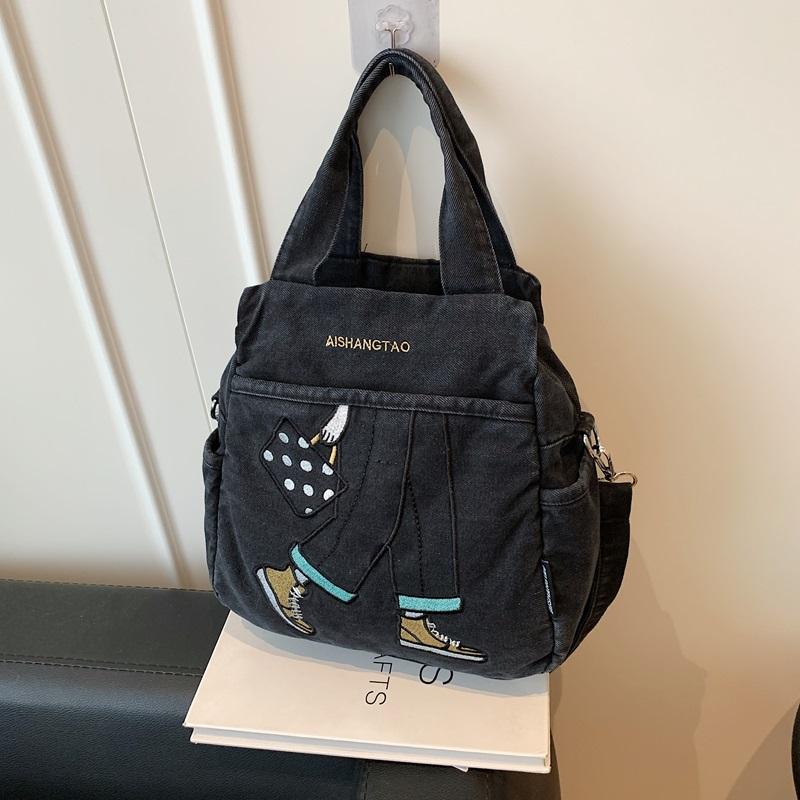 Bolso de Mezclilla Bordado Estampado Bolso Grande de Hombro Cruzado