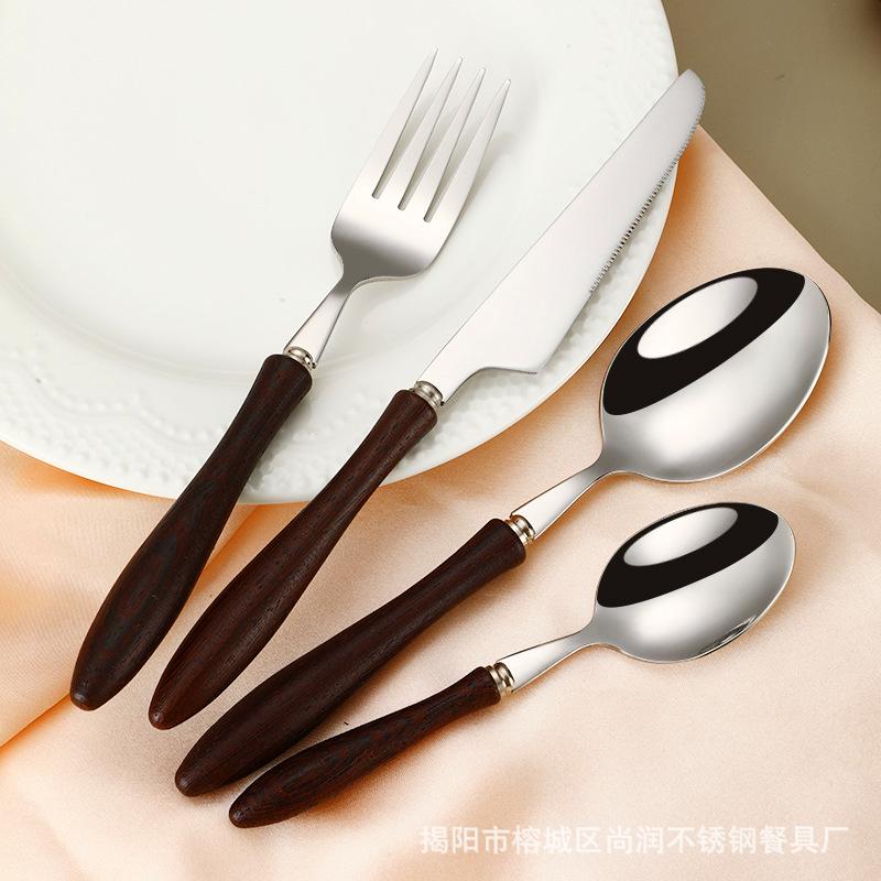 304 Stainless Steel Western Tableware Knife Fork Spoon Dessert Fork Spoon Solid Wood Handle Fork Spoon Steak Knife Restaurant