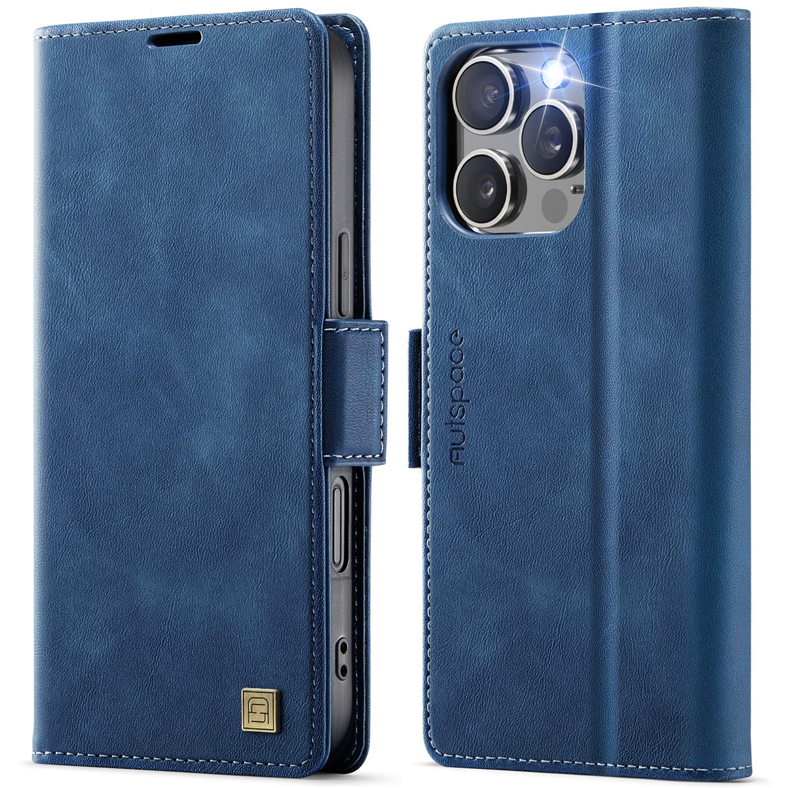 

Для iPhone 16 Pro Чехол AUTSPACE A11 Блокировка RFID Ретро Кожаный Чехол-кошелек для мобильного телефона Blue