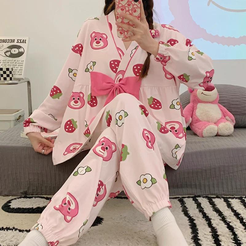 

Пижама Зимний теплый комплект из двух предметов Пижамный комплект с рисунком из мультфильма Пижама с V-образным вырезом и изображением медведя-клубники L розовый