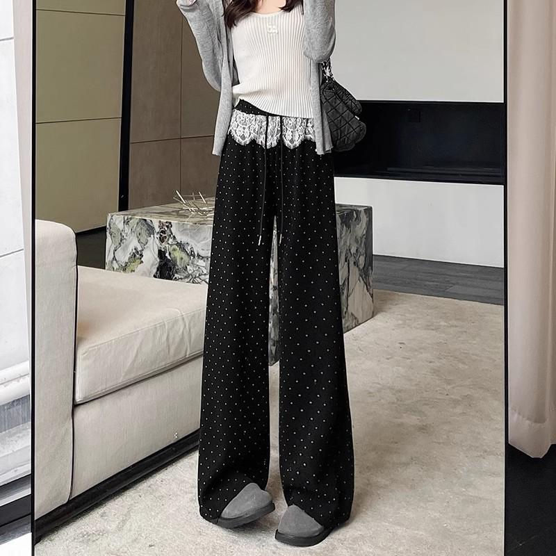 Black Polka Dot High Waist Lace Trim Wide Leg Sporty Pants for Women - Slimming, Casual, Spring/Autumn 2025
