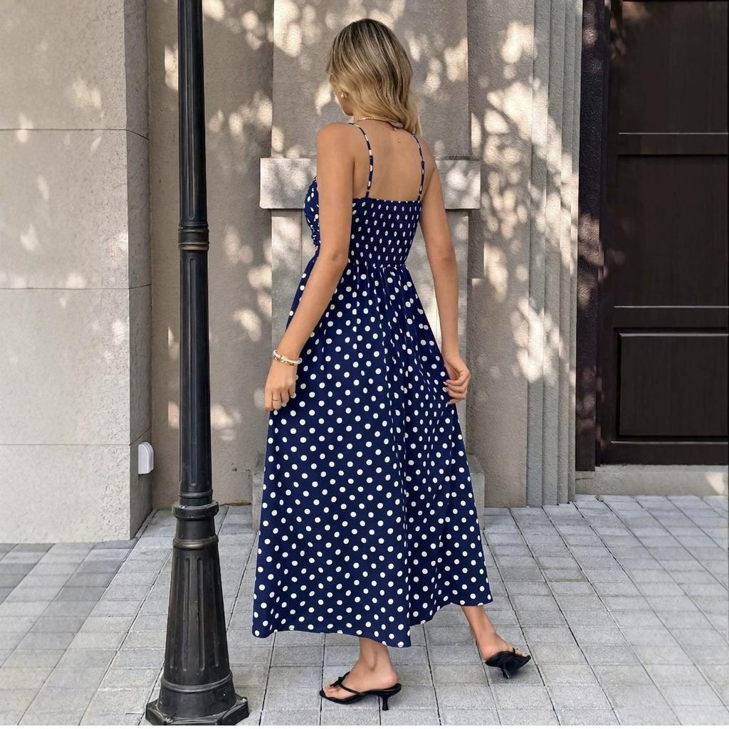European and American Polka Dot Suspender Dress, Square Collar A Word French Retro Seaside Vacation