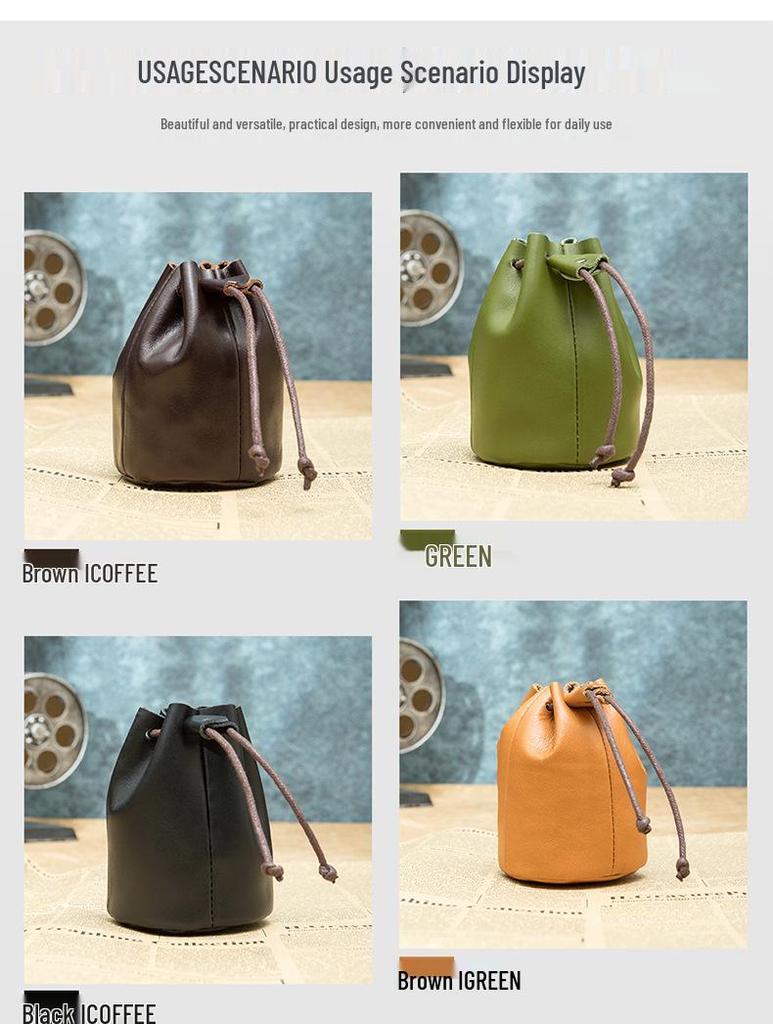 Vintage Leder-Münzbörse - Obernarben-Rindsleder, Kleine Geldbörse, Lippenstift-Aufbewahrung mit Kordelzugverschluss