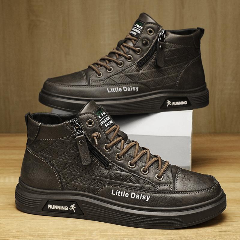 Men'S Shoes Autumn Leather Surface High-Top Board Shoes Lace-Free Zipper Fashionable Comfortable Breathable Men'S Shoes