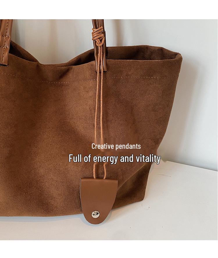 Large Capacity Casual Dark Suede Tote - Versatile Autumn/Winter Commute Shoulder Bag