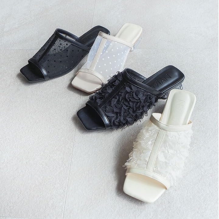 Sheer Clear LL [Vivian] Sandals, Women's Mules, Heel, Tulle, V0378SM, Silver, (25.0-25.5)