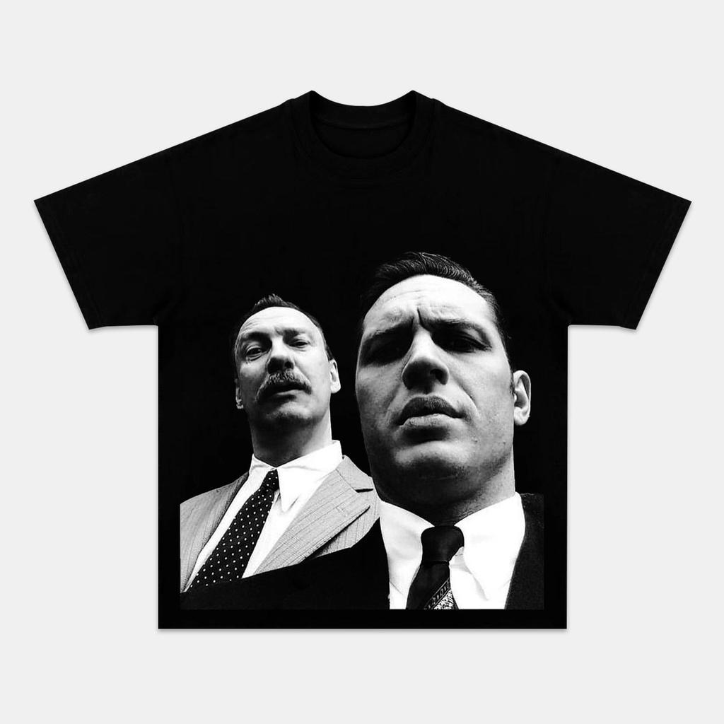 Black Front Print Retro Gangster Film Two Male Low Angle Black White Portrait Loose Oversized Cotton Street Top