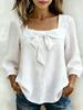 Women Solid Color Bow Knot Loose Fit Square Collar Nine Quarter Sleeve Fashion Blouse Shirt