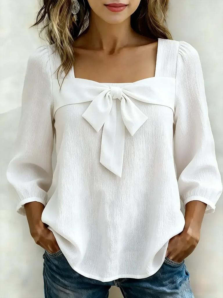 Women Solid Color Bow Knot Loose Fit Square Collar Nine Quarter Sleeve Fashion Blouse Shirt