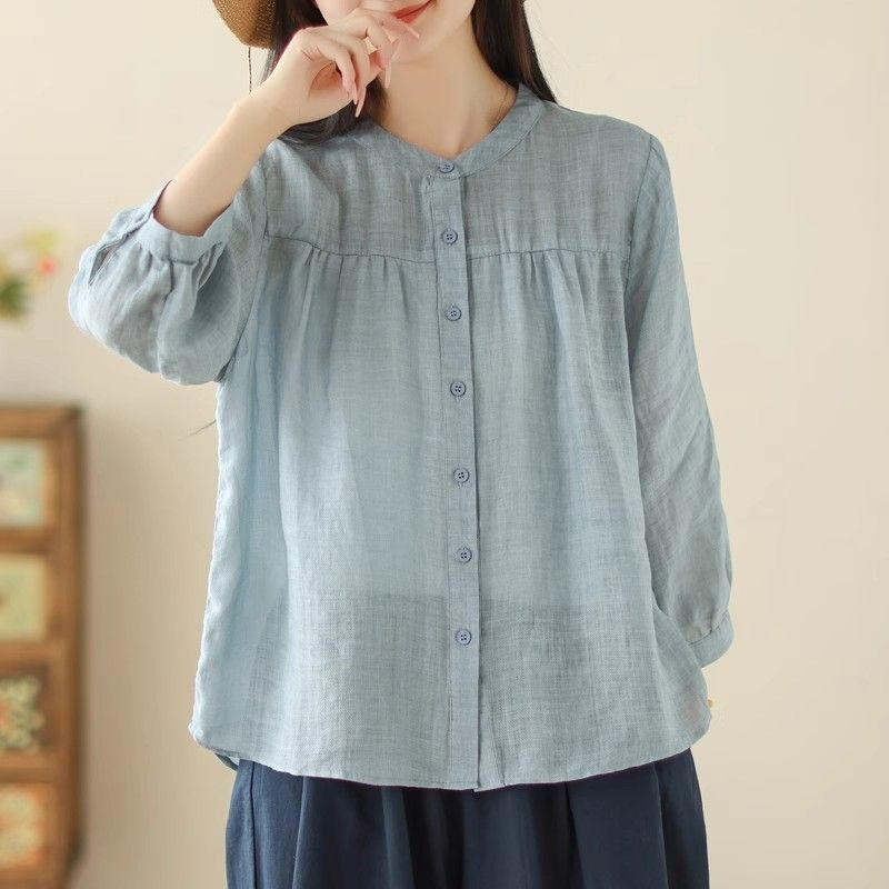 Women's Summer Casual Grey Linen 3/4 Sleeve Button Down Shirt