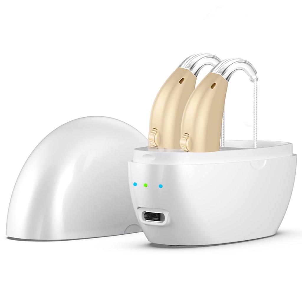 Hörgerät, wiederaufladbar für Senioren, Geräuschunterdrückung, 5-stufige Lautstärkeeinstellung, klarer Klang, mit Ladeetui