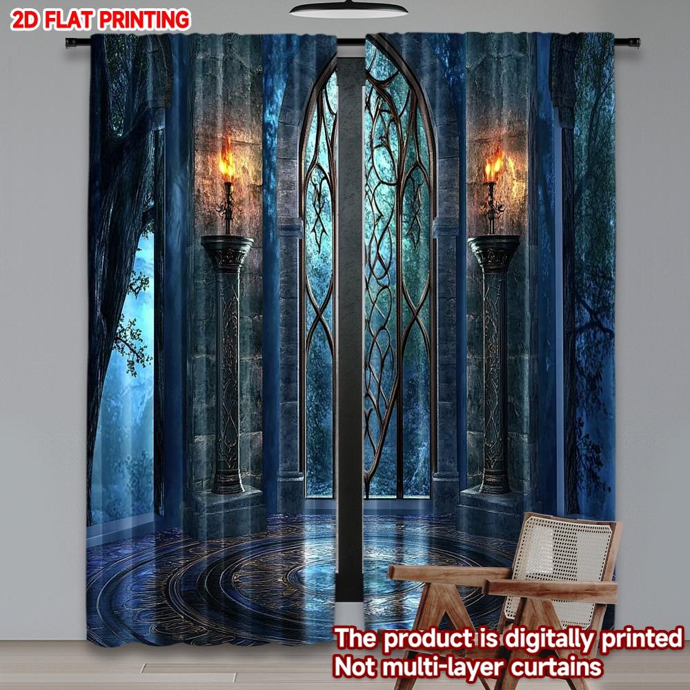 Set Of 2 Mystical Arch Window Curtains Enchanted Forest View Torchlight Ornate Floor Themed Bedroom Decor Curtain For Sleeping Area Made Polyester
