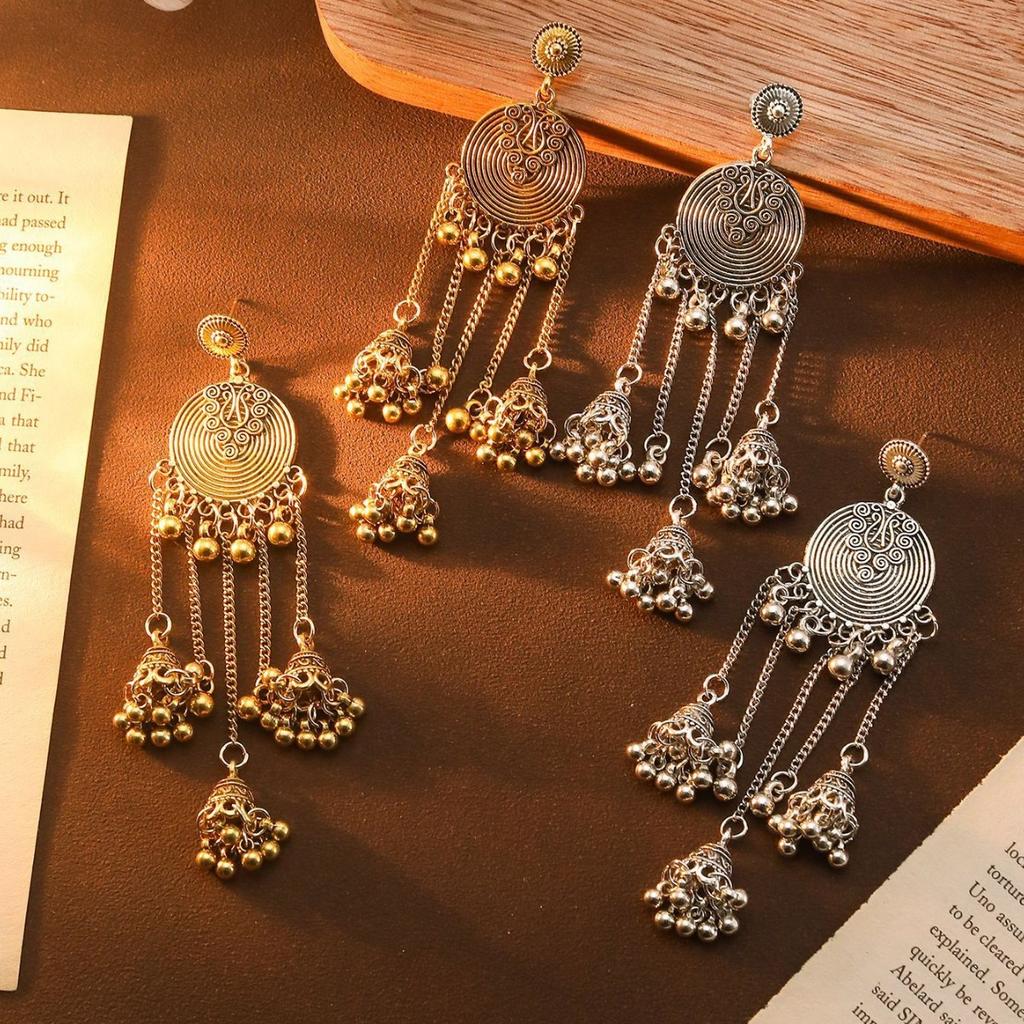 Cross-border Hot Sale Indian Ethnic Style Round Bells Fringed Pendant Earrings Retro Bohemian Earrings Premium Sense