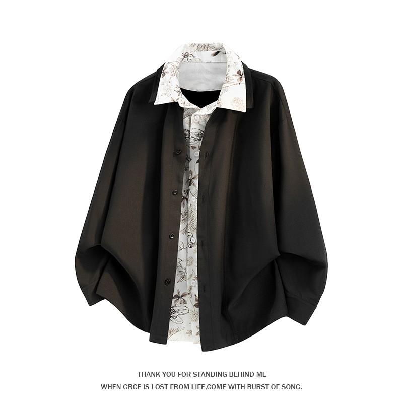 Mens Casual Loose Long Sleeve Shirt Fake Two Piece Floral Collar Top