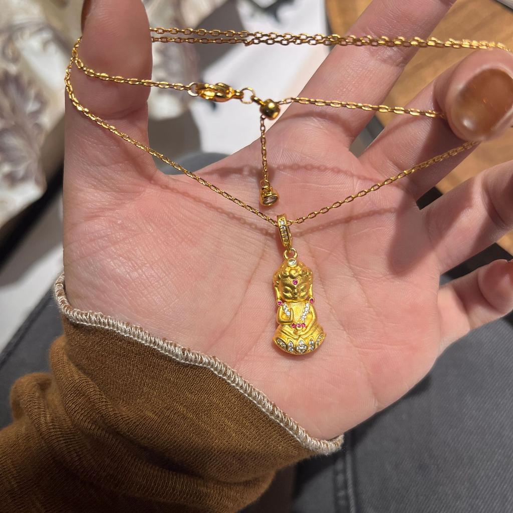 Ancient Frosted Lotus Baby Buddha Necklace Small Gold Buddha Pendant Guardian Baby Buddha Sweater Chain Accessories