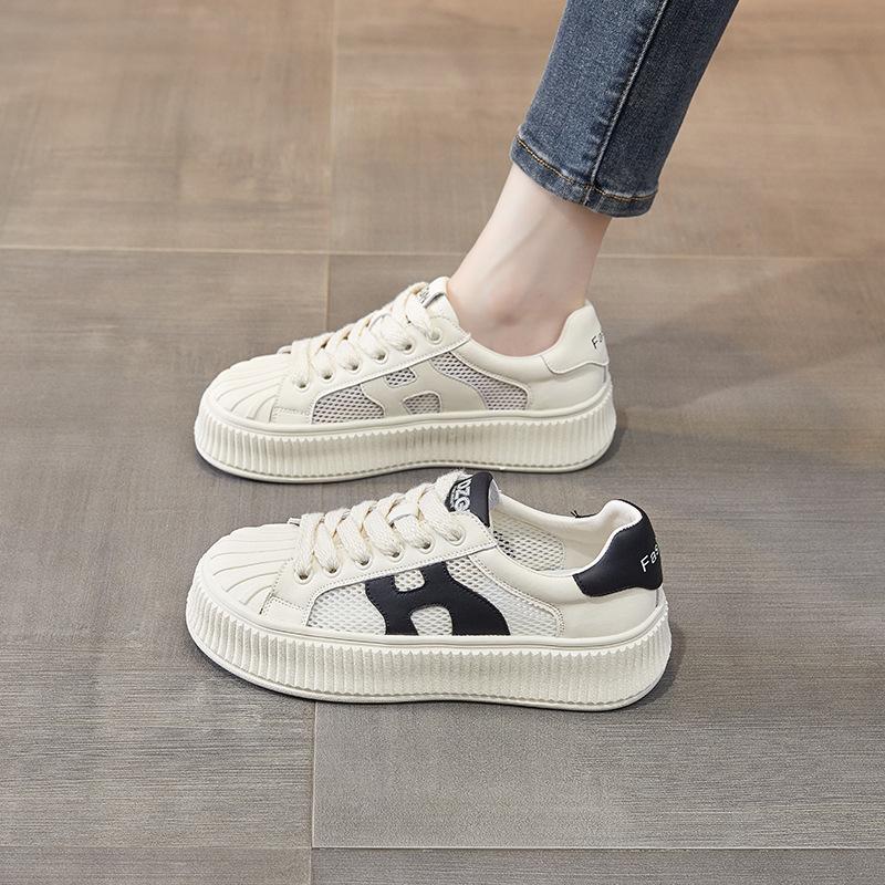 Platform White Shoes Women's New Shell Head Mesh Breathable Biscuit Shoes Versatile Sports Style Casual Board Shoes Flat Shoes