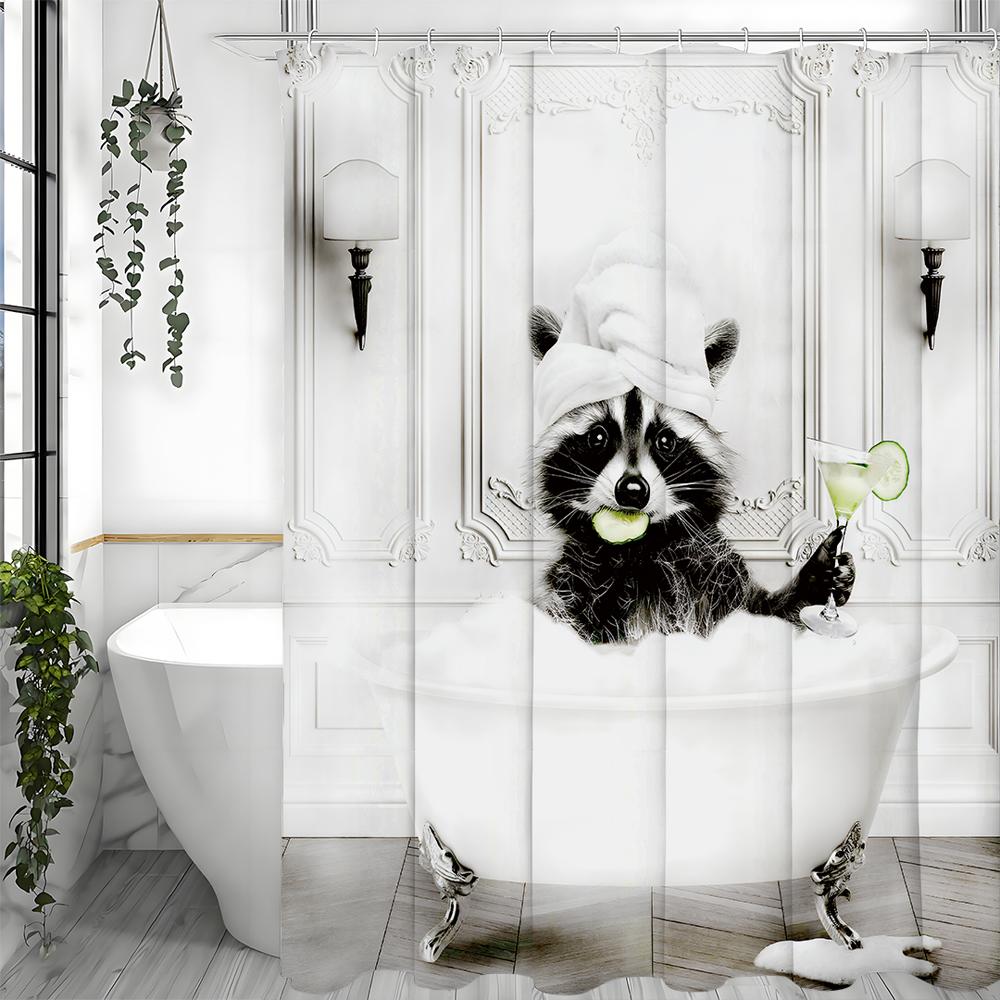 Funny Raccoon In Bathtub Shower Curtain With Cocktail And Towel Hat Humorous Animal Bath Decor Waterproof Fabric Art Print