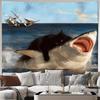 Lustiges Retro-Ölgemälde Wandteppich Schwarze Katze reitet auf Hai mit Meeressegelboot Wandbehang für Schlafzimmerdekoration