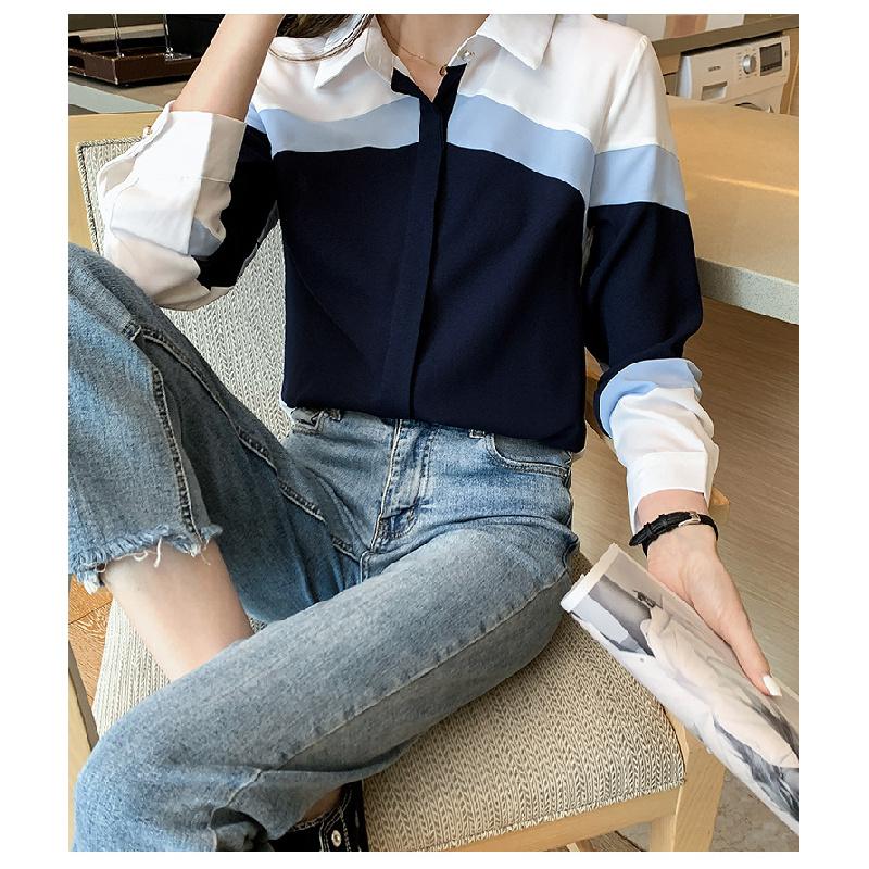 2026 Spring New Women's Turn-down Collar Contrast Color Slim Fit Long Sleeve Casual Striped Shirt