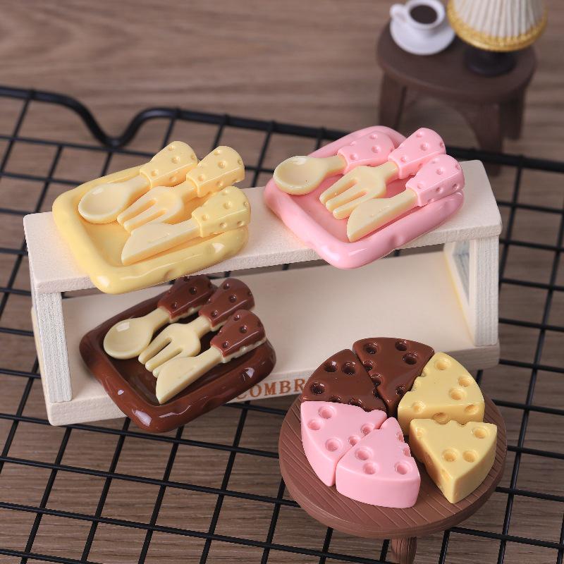 DIY Miniature Cheese Knife & Fork Set with Plate Figurine Keychain Resin Jewelry
