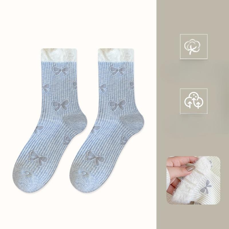 

Female Spring and Autumn Lovely Lace Bow Micro Pressure Comfortable Medium Tube Pile Pile Cotton Socks 1 pair синий