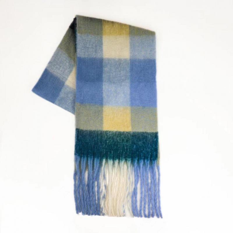Autumn and winter European and American color matching AC imitation cashmere thick fringed scarf rainbow plaid mohair warm female student plus