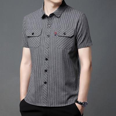 Herrenkleidung Business Casual Locker Gestreifter Druck Kurzarm Knopf Gutaussehend Temperament Taschen Umlegekragen Hemden