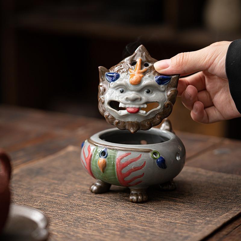 

Antique Incense Burner with Suan Ni Design, Zen-inspired Agarwood Incense Burner, Ceramic Sandalwood Ornament for Tea
