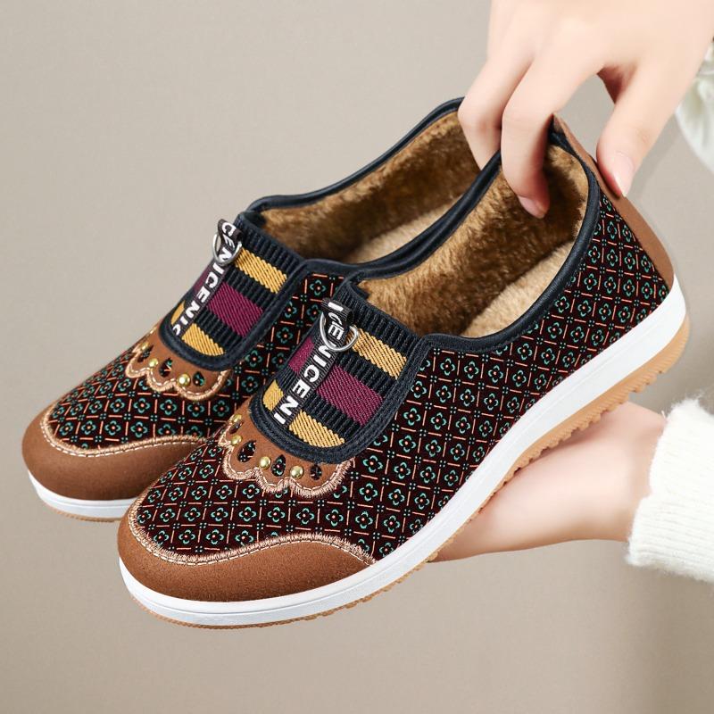 Schuhe Damen Baumwollschuhe Samt warm Schneestiefel flacher Schaft ein Pedal Mutter Schuhe kältefest verdickte Stoffschuhe vielseitige kurze Stiefel