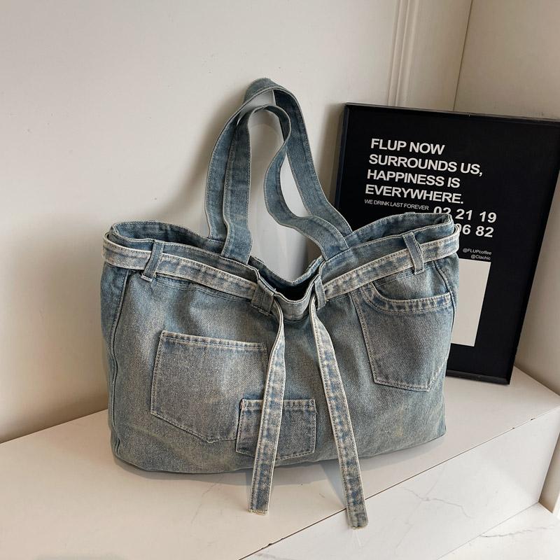 Vintage Shoulder Bag Women's Denim Tote Bag Large Capacity Student Class Bag