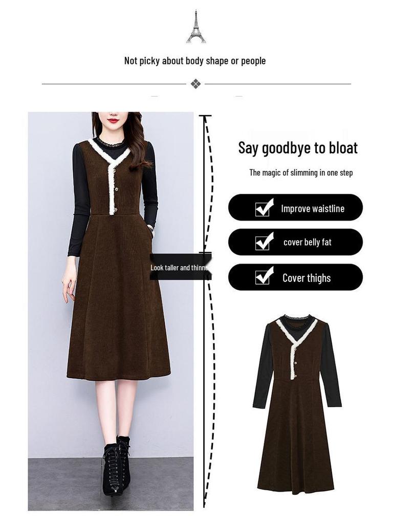 2026 Autumn/Winter Elegant Hepburn Style Slimming Patchwork Mid-Length Dress