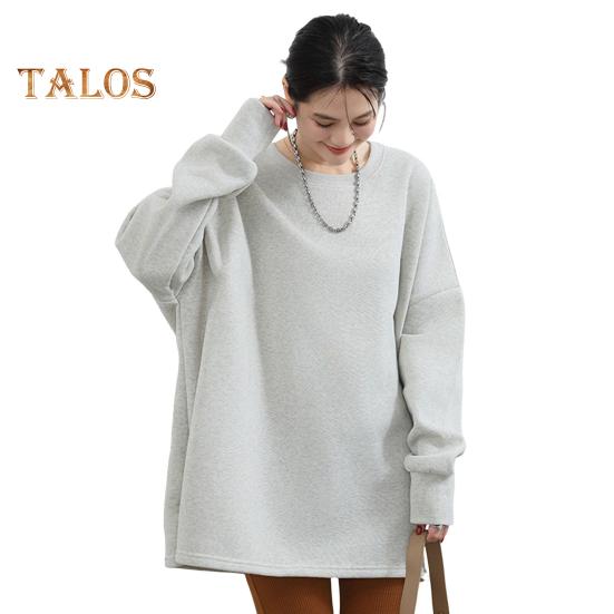 Женская толстовка осень-зима с круглым вырезом, свободным разрезом, эластичными манжетами на плюшевой подкладке, средней длины, однотонный пуловер, повседневный топ серый/белый