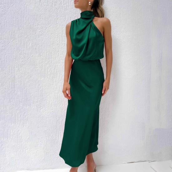 Damen Neckholder, ärmelloses Kleid, schulterfrei, Taille, eng anliegend, hüftumwickelt, lockerer Saum, glatter Satin, Party-Midikleid