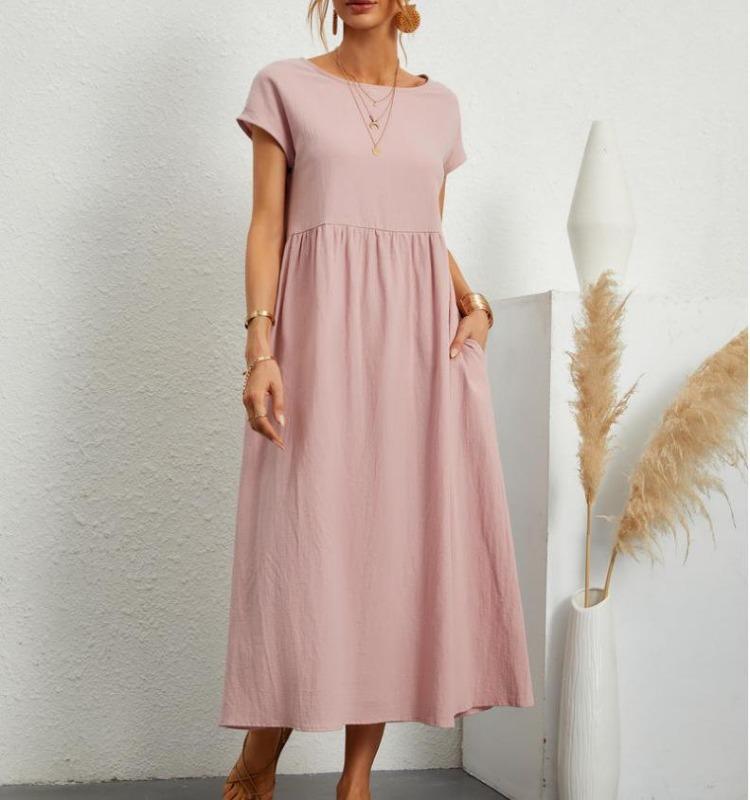 Summer Women Casual Loose Fit Sleeveless Cotton Linen Dress Solid Color Pocket