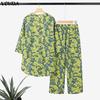 VONDA Oversized Women Long Sleeve Floral Print Tops and Straight Pants Bohemia Sets