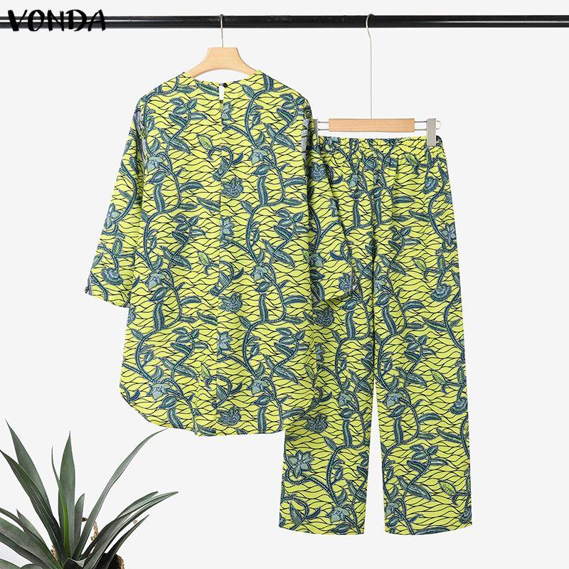 VONDA Oversized Women Long Sleeve Floral Print Tops and Straight Pants Bohemia Sets