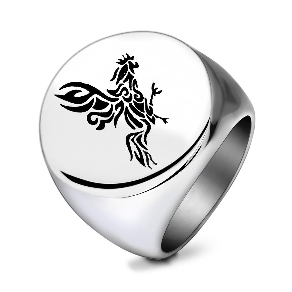 Guochao Twelve Zodiac Rooster Ring: 304 Stainless Steel, 22MM Round, Fashionable Zodiac Jewelry for Women Size 12