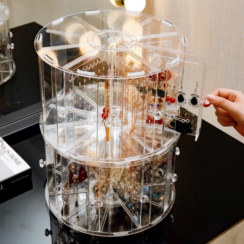 Runde Schmuckschatulle drehbarer Organizer Kunststoff-Schmuckkästchen Aufbewahrung Damen Ring Halskette Armband Ohrringe Transparenter Schmuck-Displayständer Geschenk
