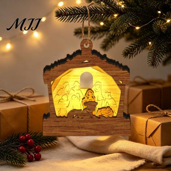 Wooden Christmas Ornaments 3D Light Up Ornament, Layered House Tree Snowman Magnetic Fridge Magnets for Nativity Scene Hanging Decoration Xmas