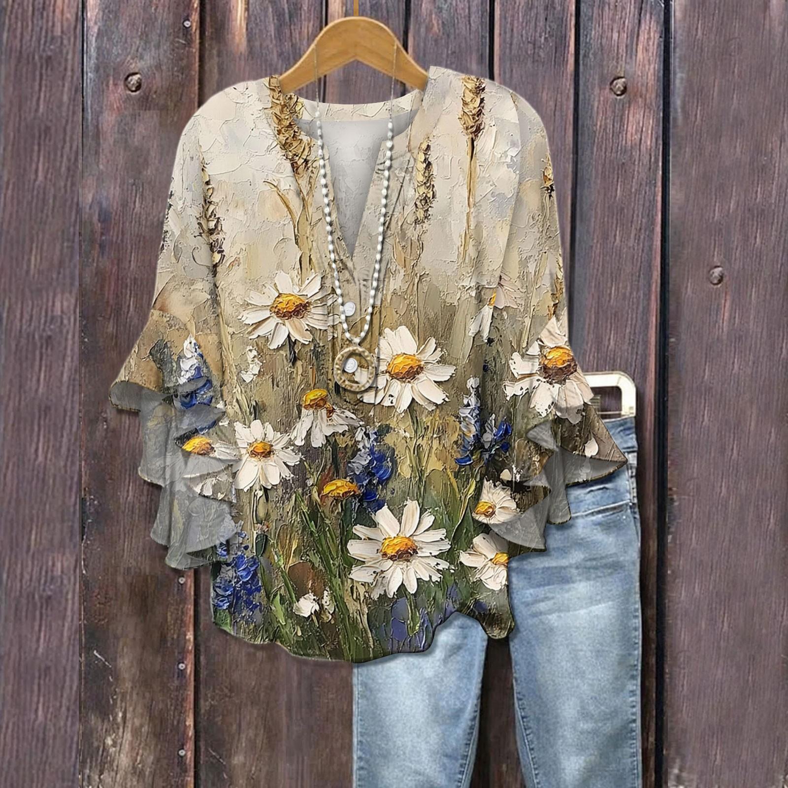 

Summer Tops For Women Cute V Neck 3/4 Sleeve Blouses Floral Print Top Casual Shirts XXL армія зелений колір