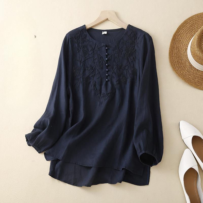 

Женская хлопково-льняная рубашка с длинными рукавами с вышивкой, однотонная свободная литературная весенняя блузка в стиле ретро, ​​темпераментная женская рубашка S темно-синий