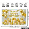 2D Neutral Gold White Birthday Backdrop with Shimmer Confetti & Balloon Garland