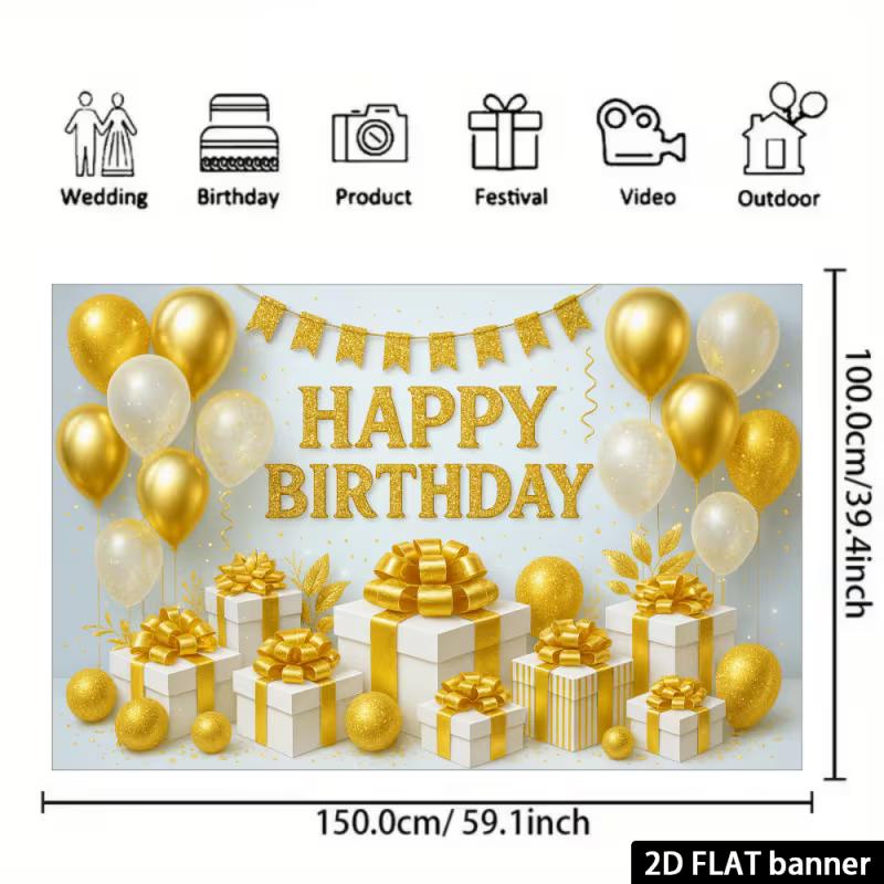 2D Neutral Gold White Birthday Backdrop with Shimmer Confetti & Balloon Garland