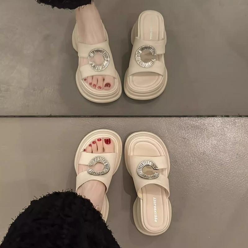 Premium niche thick-bottomed wedge slippers women's summer wear new versatile high-heeled rhinestone casual one-word sandals