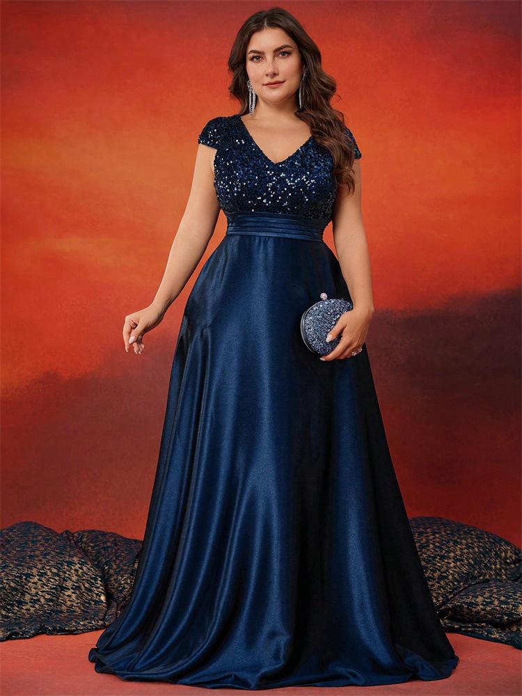 Elegant V-Neck Sequin Evening Gown - Satin A-Line Long Dress for Women