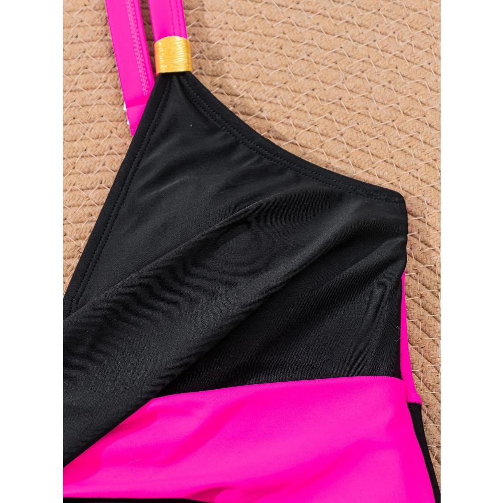 Sexy Purple Black Contrast Swimwear Women 2025 V Neck Slim Pleate Tummy Control One Piece Swimsuit Beach Bathing Suit Monokini