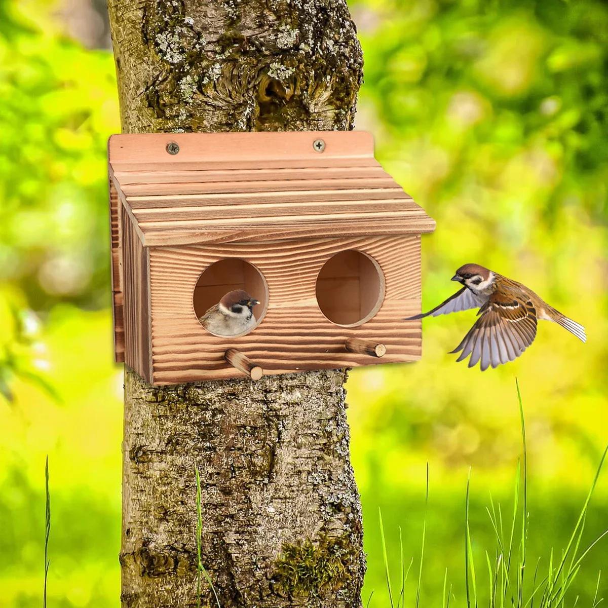 

Скворечник с 2 отверстиями, креативный подвесной скворечник, деревянный садовый скворечник, комнатный, ручной работы, подвесное гнездо для птиц на открытом воздухе, прочное