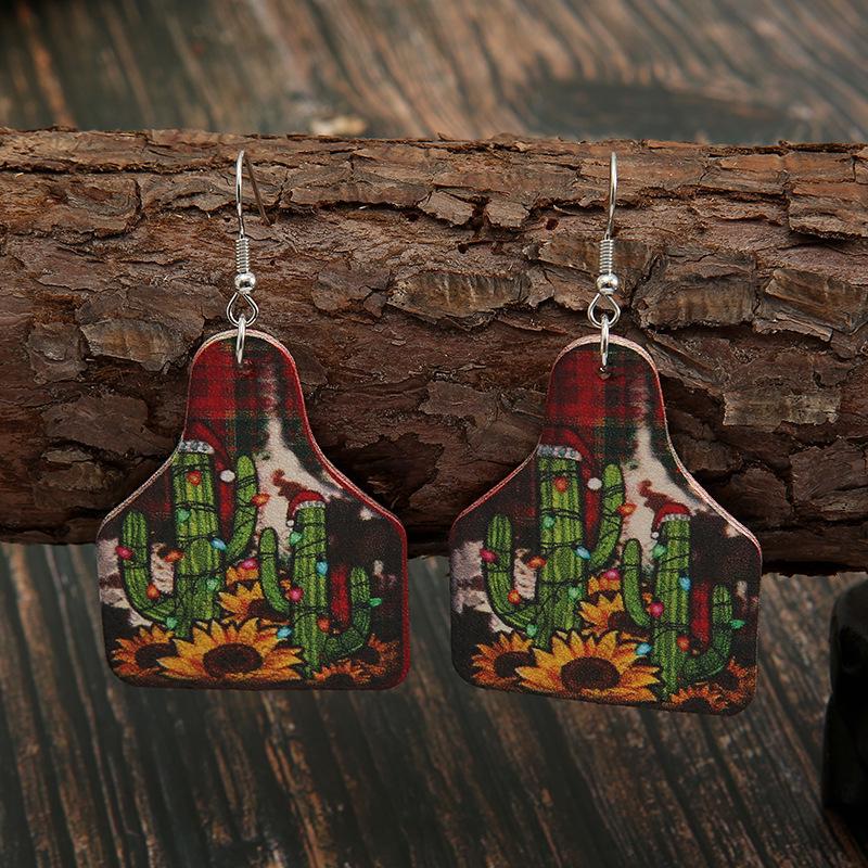 Retro Christmas & Sunflower Cactus Leather Wine Bottle Earrings