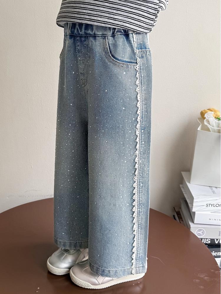 Girls' Rhinestone Lace Denim Pants - Spring/Autumn 2026: Stylish Wide-Leg Fashion for Little Girls